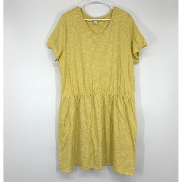 Old Navy Dress T-Shirt Waist Defined Slub Knit Mini Yellow Stripe - Picture 2 of 12